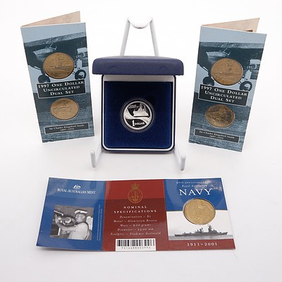 Group of Uncirculated HMAS and Sir Charles Kingsford Smith Coins, Including 2000 $1 HMAS Sydney II Fine Silver Proof Coin and More