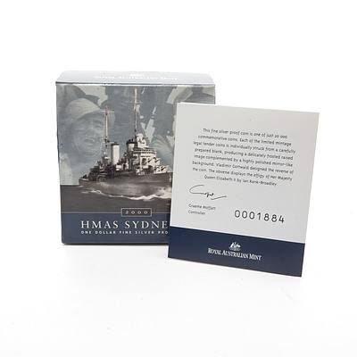 Group of Uncirculated HMAS and Sir Charles Kingsford Smith Coins, Including 2000 $1 HMAS Sydney II Fine Silver Proof Coin and More
