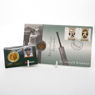 1996 Australia $5 Sir Donald Bradman Coin and a 1997 Australian Legends $5 Sir Donald Bradman Coin and Stamp Cover