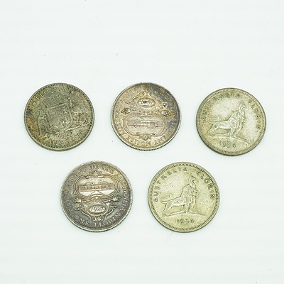 Two 1927 Parliament House Florins, Two 1954 Florins and a 1957 Florin