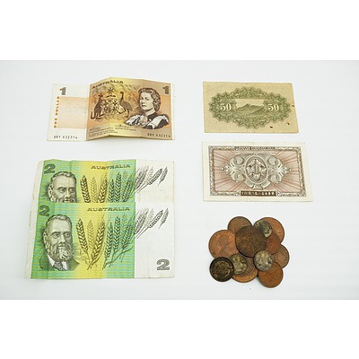 Two Johnston/Fraser $2 Notes, One Phillips/ Wheeler $1, Two Chinese Notes and Various Pennies, Half Pennies, Shillings and Six Pence