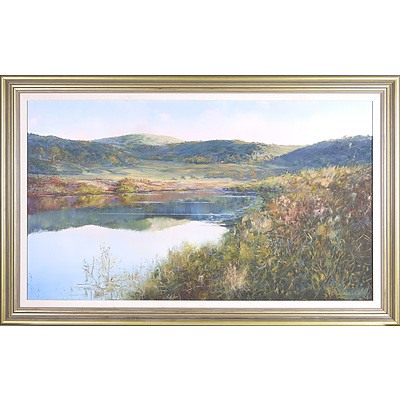 James Meverley (Australian, Dates Unknown) Autumn Gold (High Country Lake Scene) Oil on Board