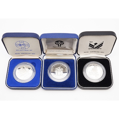 Three RAM $10 Silver Proof State Series Coins, 1985, 1986 and 1987
