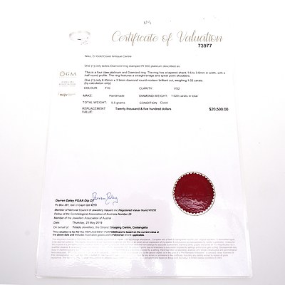 Platinum Ring with Round Modern Cut Diamond 1.02ct (F/G VS2), 5.5g