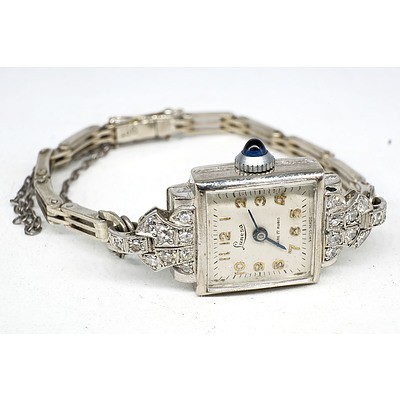 Ladies Art Deco 9ct White Gold, Diamond and Sapphire Lunesa Wristwatch