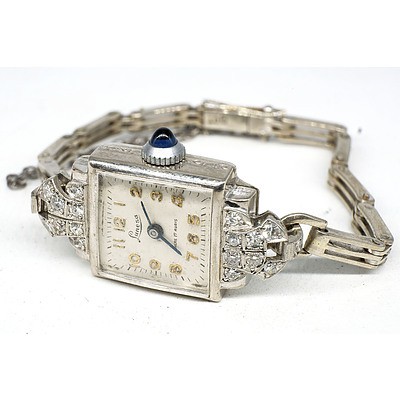 Ladies Art Deco 9ct White Gold, Diamond and Sapphire Lunesa Wristwatch