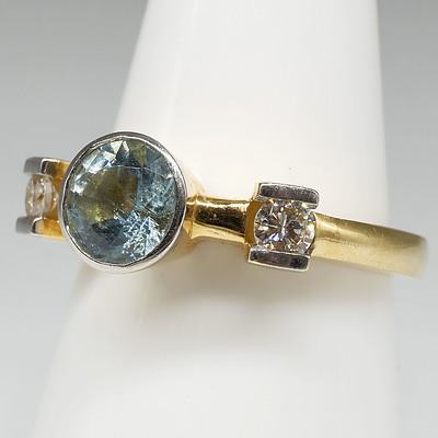 18ct Yellow and White Gold Ring with Round Aquamarine and Two Round Brilliant Cut Diamonds