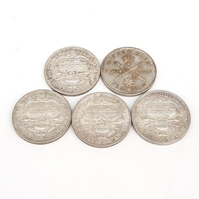 Four Australian 1927 Silver Parliament House Florins and 1951 Federation Jubilee Florin