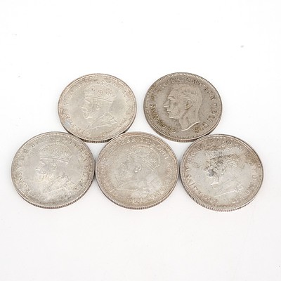 Four Australian 1927 Silver Parliament House Florins and 1951 Federation Jubilee Florin