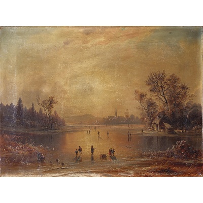 19th Century European School, Winter Frozen Lake Scene, Oil on Canvas, Signed Indistinctly Lower Left, Probably Adolf Stiglmayer (German 1841-1916)