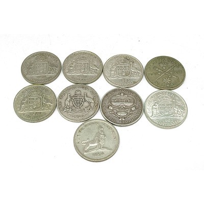 Nine Australian Florins, Including a 1927 Parliament House Florin