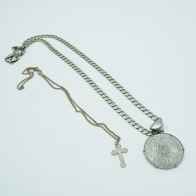 1966 Fifty Cent Piece Necklace and Cross Pendant Necklace