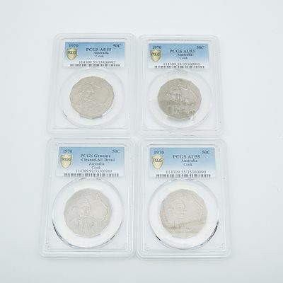 Four 1970 Fifty Cent Pieces Captain Cook Edition PCGS Cased