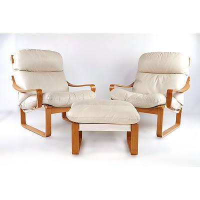 Pair of Tessa T8 Cream Leather Upholstered Armchairs and Matching Ottoman, Designed by Fred Lowen