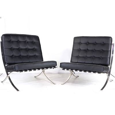 Pair of Replica Barcelona Chairs with Black Vinyl Upholstery