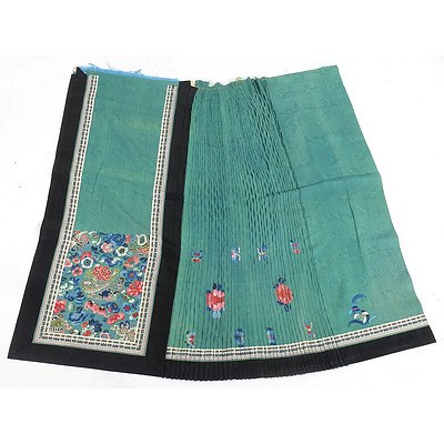 Chinese Embroidered Teal Colour Damask Silk Skirt Fragment, Late 19th Century