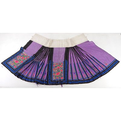 Chinese Embroidered Purple Colour Damask Silk Skirt, Late 19th Century