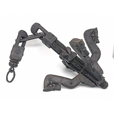 Antique Indian Carved Wood and Steel Embellished Hanging Turban Hook