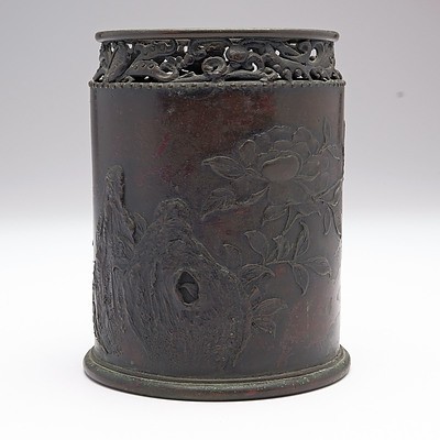 Small Chinese Bronze Brush Pot with Seal Mark to Base, 19th Century or Earlier