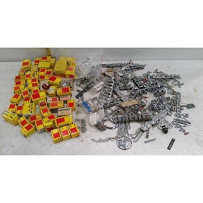 Lot of New Bosch Distributor Condensers and Contact Sets, and Various Used Car Badges