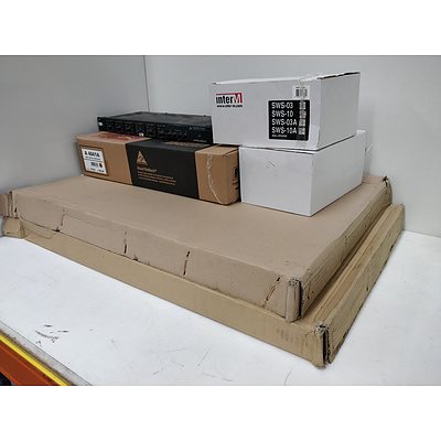 Bulk Lot of Assorted AV Equipment & Accessories - Redback Amp, InterM Speakers, Australia Monitor controller