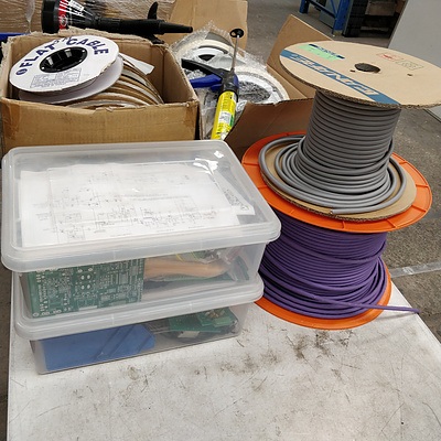 Bulk Lot Of Electrical Goods - Toolboxes, Circuitry, Cables, Selley's Cans