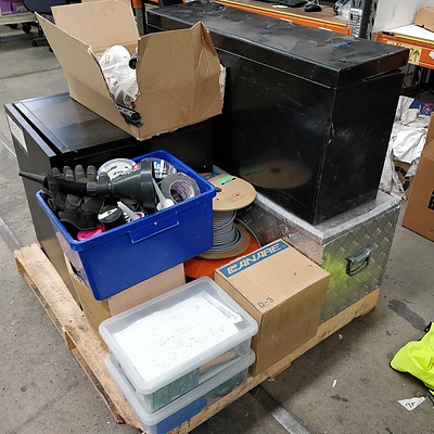 Bulk Lot Of Electrical Goods - Toolboxes, Circuitry, Cables, Selley's Cans