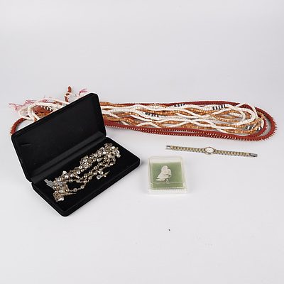 Necklace and Earrings Set with Swarovski Crystals, Shell leaf Brooch, seiko ladies Watch and Three Tooth and Shell Necklaces