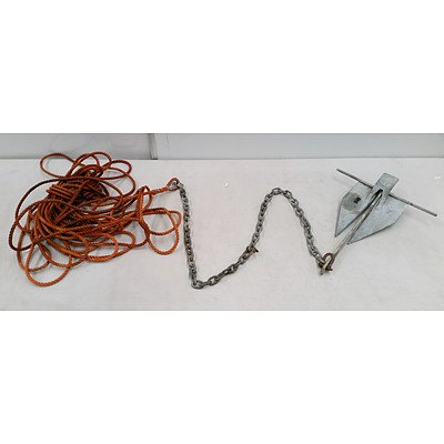 Small Metal Boat Anchor, with Chain and Rope