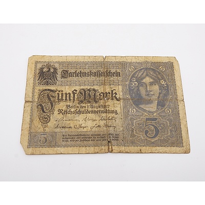 1917 German 5 Funf Mark Banknote