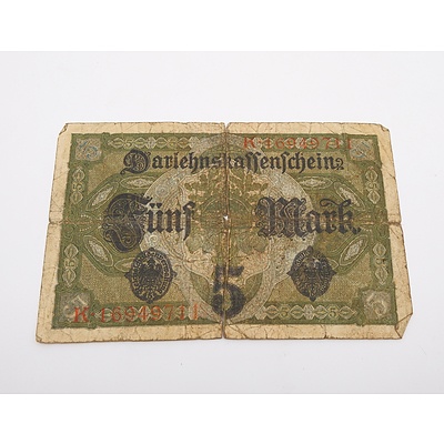 1917 German 5 Funf Mark Banknote