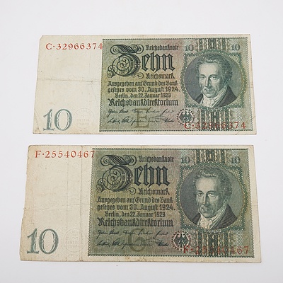 2 x 1929 German 10 Zehn Mark Banknotes