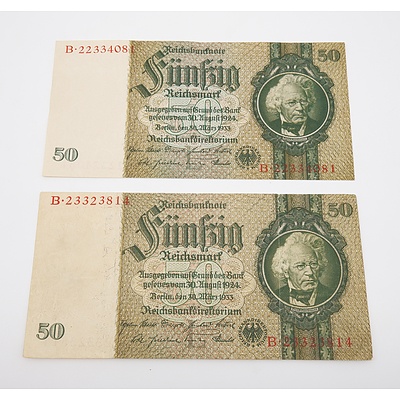2 x 1933 German 50 Fiinfig Mark Banknotes