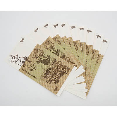 10 x 1982 Australian One Dollar Banknotes - Johnston/Stone - Uncirculated and Consecutively Numbered