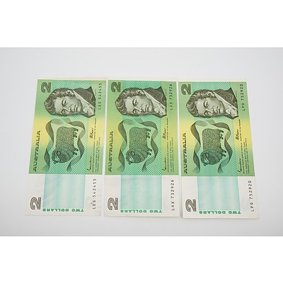 3 x 1985 Australian Two Dollar Banknotes