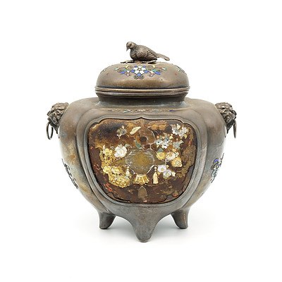 Japanese Shibayama Inlaid, Lacquer and Enamel Decorated Silver Koro, Meiji Period (1868-1912)