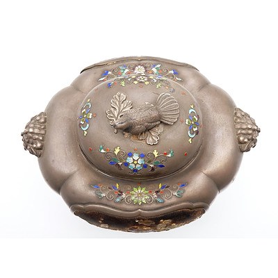 Japanese Shibayama Inlaid, Lacquer and Enamel Decorated Silver Koro, Meiji Period (1868-1912)