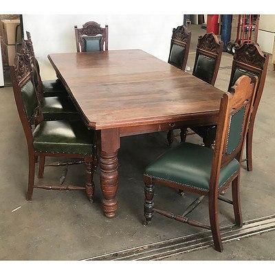 Late Victorian Kauri Pine and Blackwood Extension Dining Table with Eight Blackwood Green Vinyl Upholstered Chairs