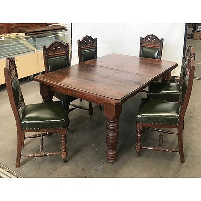 Late Victorian Kauri Pine and Blackwood Extension Dining Table with Eight Blackwood Green Vinyl Upholstered Chairs
