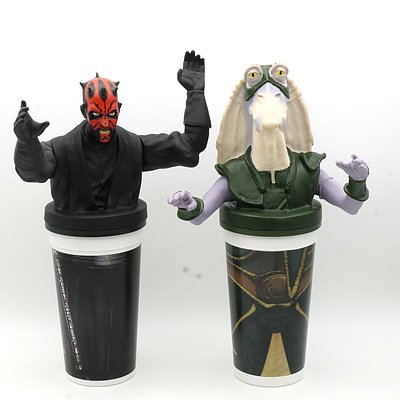 Two 1999 Star Wars Episode I The Phantom Menace Promotional Cups, Including Darth Maul and Capt Tarpals