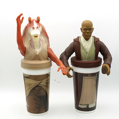 Two 1999 Star Wars Episode I The Phantom Menace Promotional Cups, Including Mace Windu and Jar Jar 