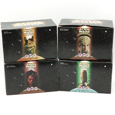 Four 1999 Star Wars Episode I The Phantom Menace Promotional Toys, Including Joking Jar Jar Binks, Naboo Ground Battle, Queen Amidala's Royal Ship and Drath Mauls Sith Infiltrator