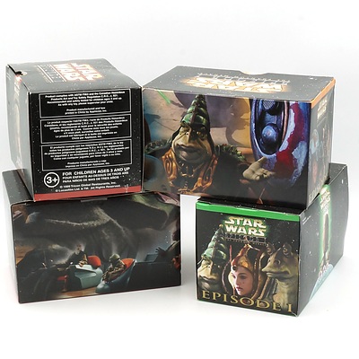 Four 1999 Star Wars Episode I The Phantom Menace Promotional Toys, Including Joking Jar Jar Binks, Naboo Ground Battle, Queen Amidala's Royal Ship and Drath Mauls Sith Infiltrator