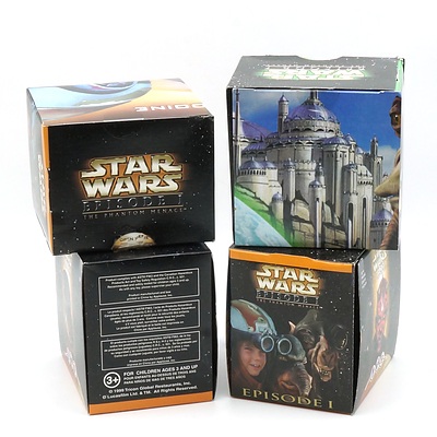 Four 1999 Star Wars Episode I The Phantom Menace Promotional Toys, Including Levitating Queen Amidala's Royal Starship, Sith Probe Droid Viewer