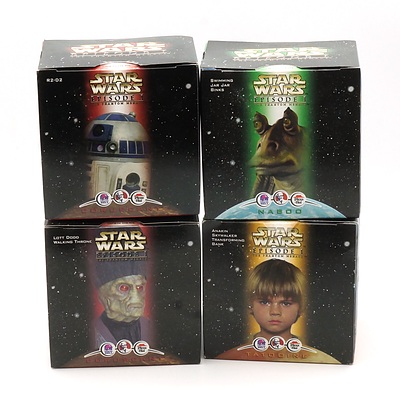 Four 1999 Star Wars Episode I The Phantom Menace Promotional Toys, Including R2-D2, Lott Dodd Walking Throne, Swimming Jar Jar Binks and Anakin Skywalker Transforming Bank