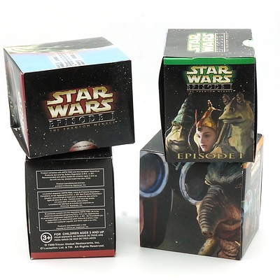 Four 1999 Star Wars Episode I The Phantom Menace Promotional Toys, Including R2-D2, Lott Dodd Walking Throne, Swimming Jar Jar Binks and Anakin Skywalker Transforming Bank