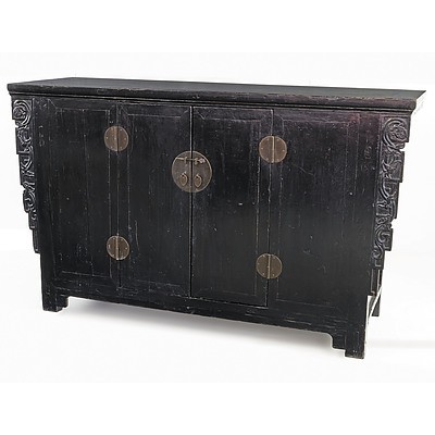 Chinese Provincial Black Lacquer Northern Elm Cabinet, 19th Century