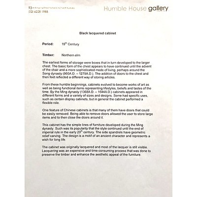 Chinese Provincial Black Lacquer Northern Elm Cabinet, 19th Century