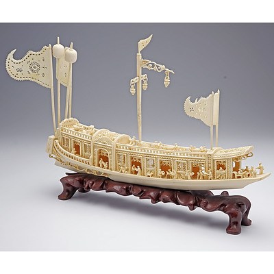 Superb Finely Carved Chinese Ivory Model of Junk on Hardwood Stand, Mid 20th Century