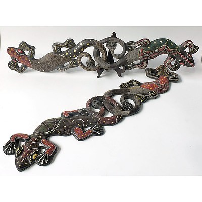 Two Australian Indigenous Wooden Carved and Hand Painted Goanna Carvings by Russell Walker, Yorta Yorta Tribe